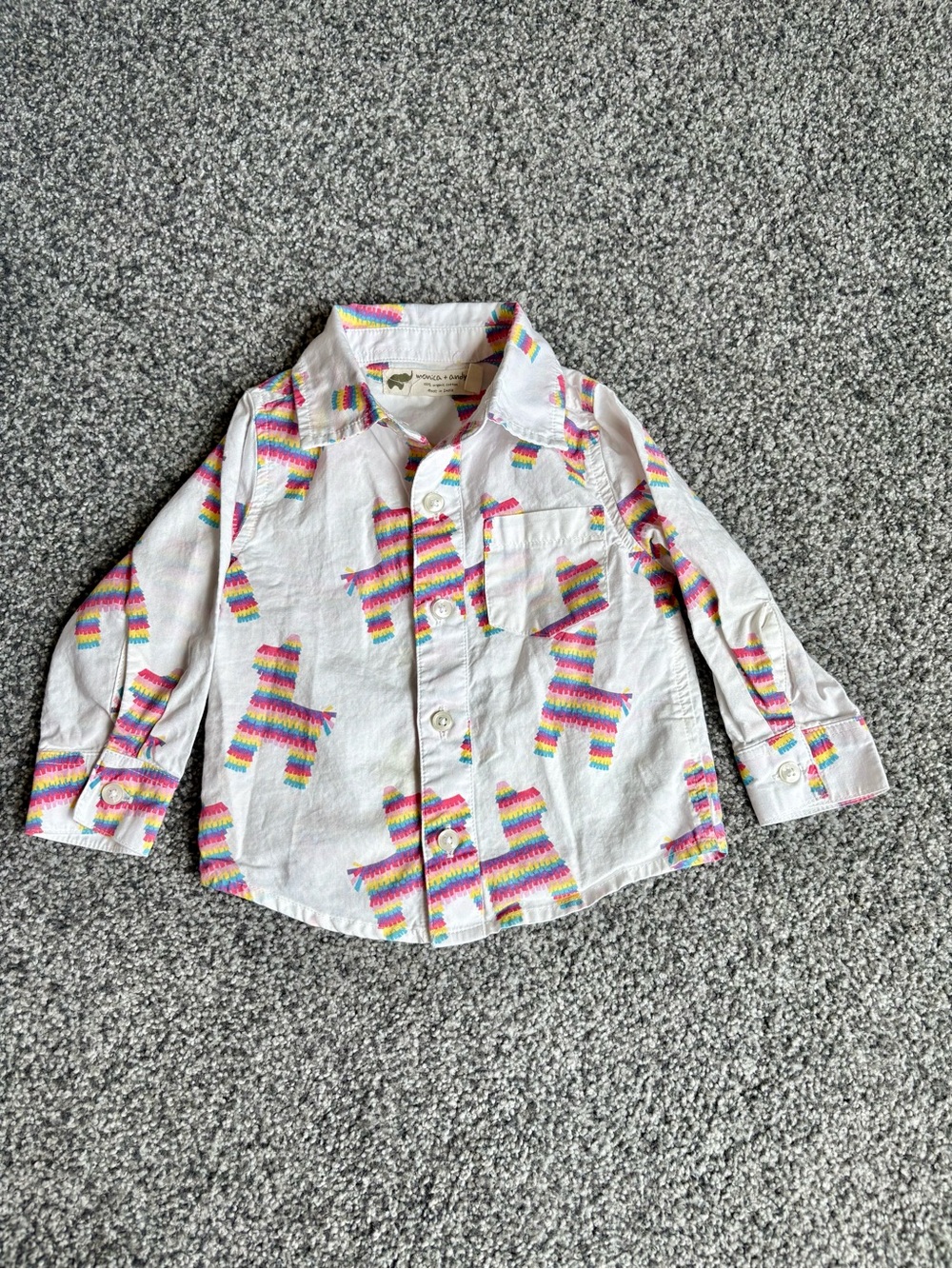 Monica + Andy 100% Organic Cotton Button Front Long Sleeve Shirt Piñata Donkeys